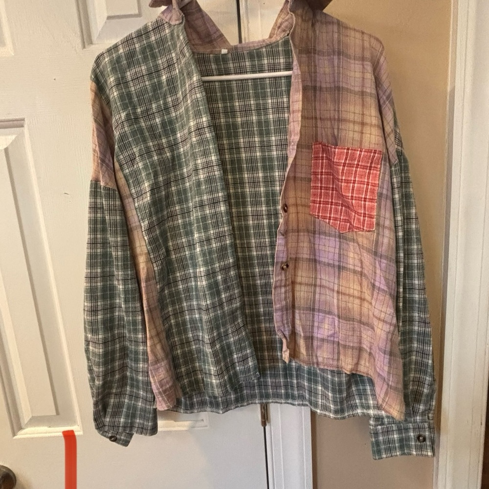 Plaid Patchwork Button-Up Shirt